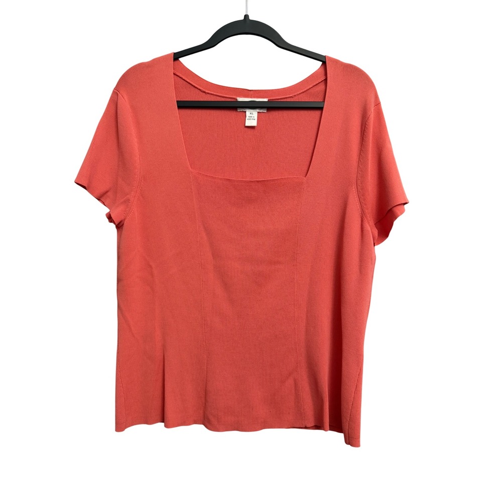Talbots Women XL Coral Pink Square Neck Short Sleeve Ribbed Knit Sweater Top